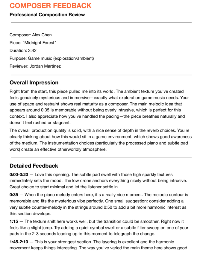 Sample composition feedback review showing timestamped notes and detailed critique